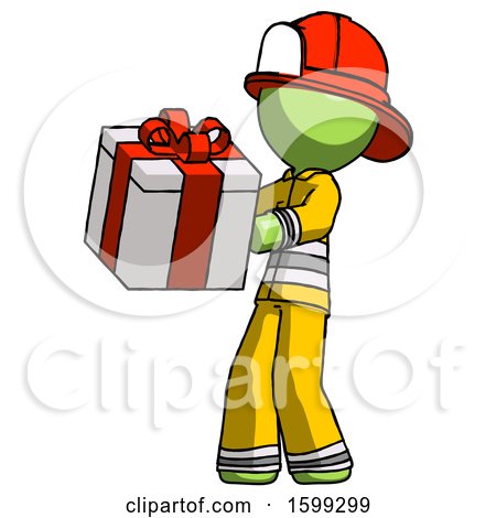 Green Firefighter Fireman Man Presenting a Present with Large Red Bow on It by Leo Blanchette