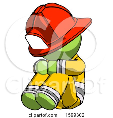 Green Firefighter Fireman Man Sitting with Head down Facing Angle Left by Leo Blanchette