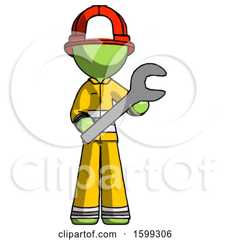 Green Firefighter Fireman Man Holding Large Wrench with Both Hands by Leo Blanchette