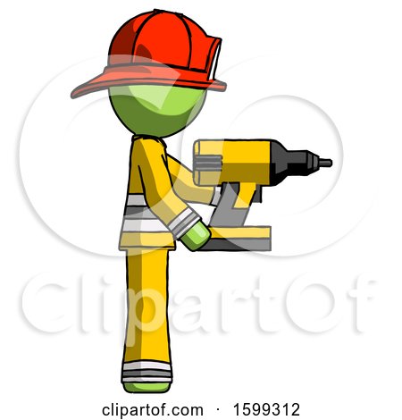 Green Firefighter Fireman Man Using Drill Drilling Something on Right Side by Leo Blanchette