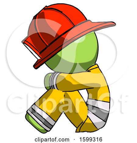 Green Firefighter Fireman Man Sitting with Head down Facing Sideways Left by Leo Blanchette