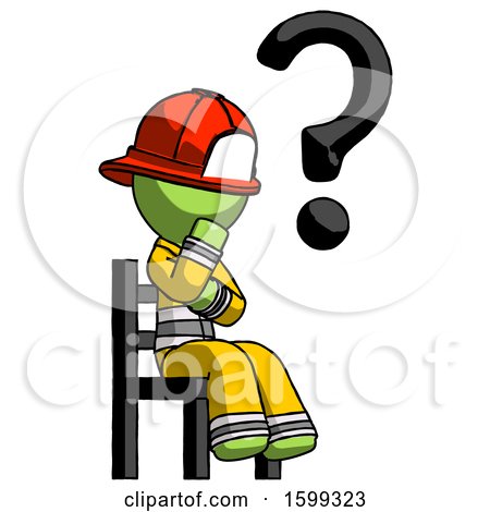 Green Firefighter Fireman Man Question Mark Concept, Sitting on Chair Thinking by Leo Blanchette