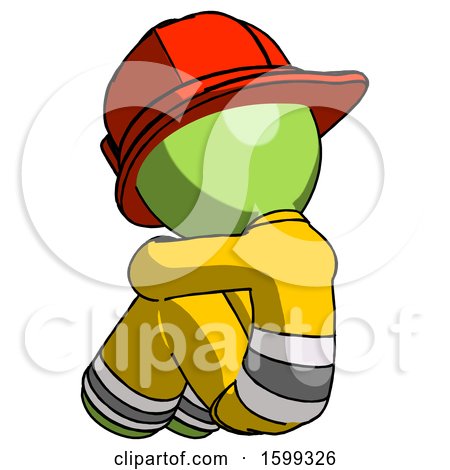 Green Firefighter Fireman Man Sitting with Head down Back View Facing Left by Leo Blanchette