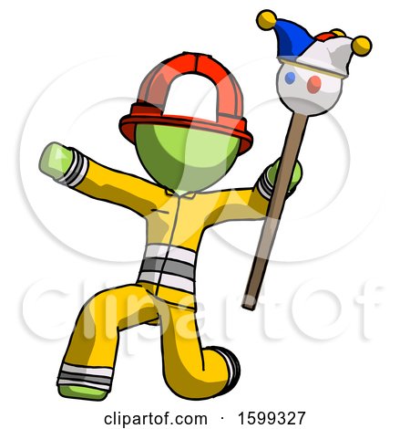 Green Firefighter Fireman Man Holding Jester Staff Posing Charismatically by Leo Blanchette