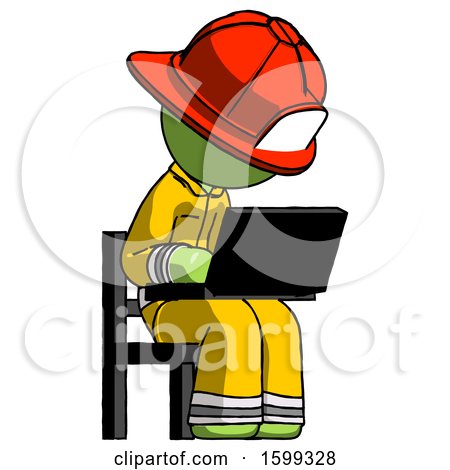 Green Firefighter Fireman Man Using Laptop Computer While Sitting in Chair Angled Right by Leo Blanchette