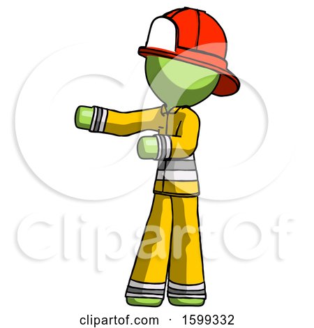 Green Firefighter Fireman Man Presenting Something to His Right by Leo Blanchette