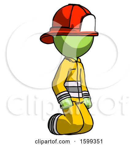Green Firefighter Fireman Man Kneeling Angle View Right by Leo Blanchette