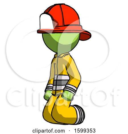 Green Firefighter Fireman Man Kneeling Angle View Left by Leo Blanchette