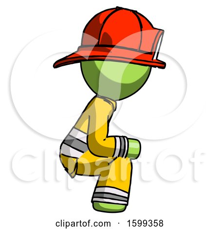 Green Firefighter Fireman Man Squatting Facing Right by Leo Blanchette