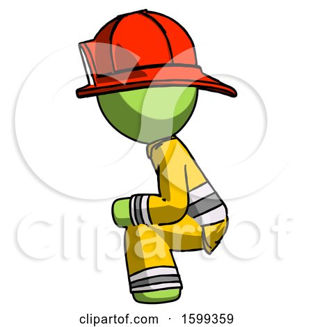 Green Firefighter Fireman Man Squatting Facing Left by Leo Blanchette