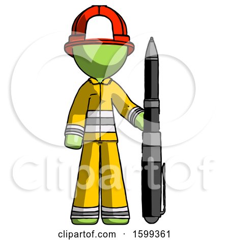 Green Firefighter Fireman Man Holding Large Pen by Leo Blanchette