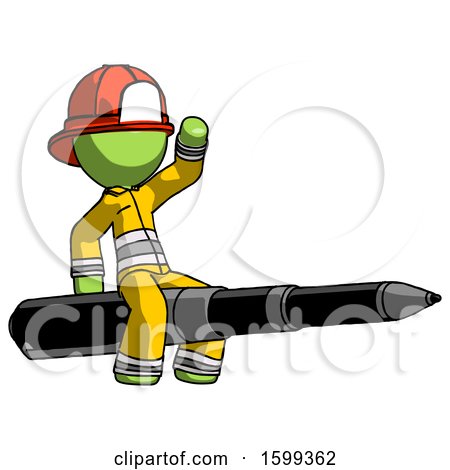 Green Firefighter Fireman Man Riding a Pen like a Giant Rocket by Leo Blanchette