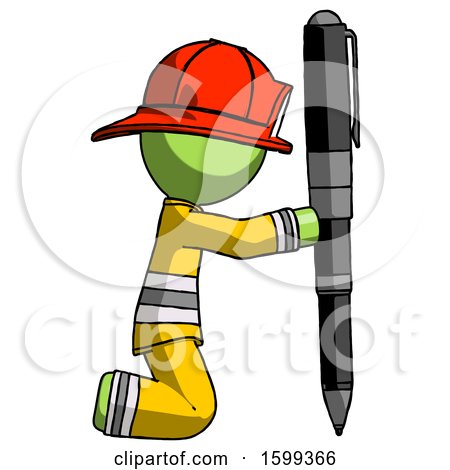 Green Firefighter Fireman Man Posing with Giant Pen in Powerful yet Awkward Manner. by Leo Blanchette