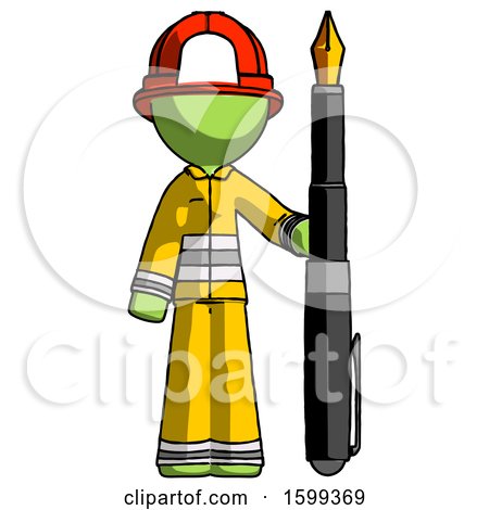 Green Firefighter Fireman Man Holding Giant Calligraphy Pen by Leo Blanchette