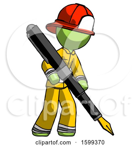 Green Firefighter Fireman Man Drawing or Writing with Large Calligraphy Pen by Leo Blanchette