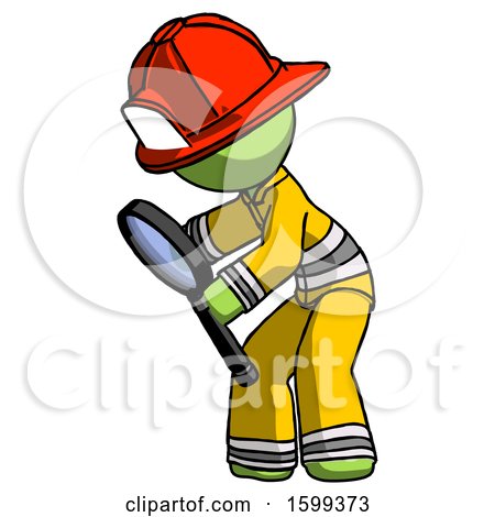 Green Firefighter Fireman Man Inspecting with Large Magnifying Glass Left by Leo Blanchette