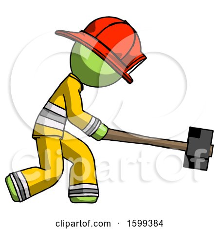 Green Firefighter Fireman Man Hitting with Sledgehammer, or Smashing Something by Leo Blanchette