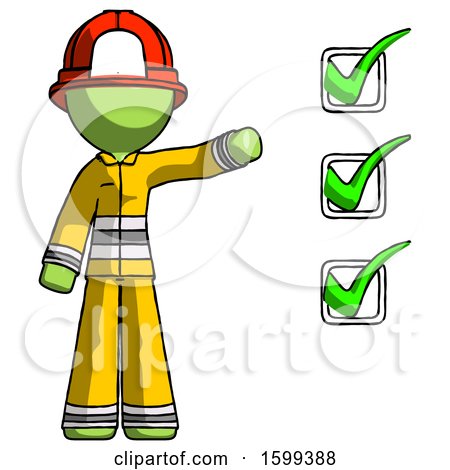 Green Firefighter Fireman Man Standing by List of Checkmarks by Leo Blanchette