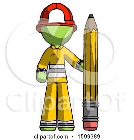 Green Firefighter Fireman Man with Large Pencil Standing Ready to Write by Leo Blanchette