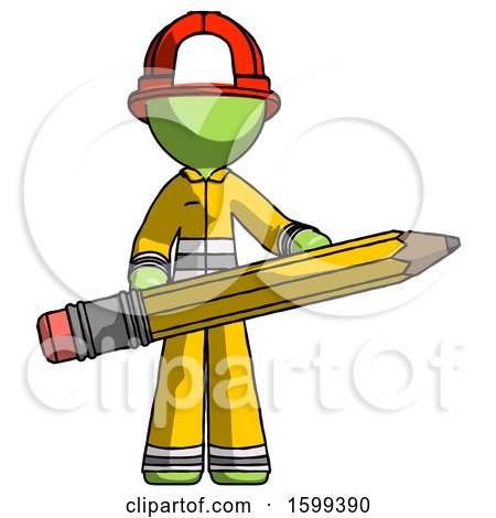 Green Firefighter Fireman Man Writer or Blogger Holding Large Pencil by Leo Blanchette