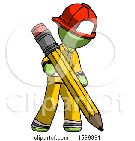 Green Firefighter Fireman Man Writing with Large Pencil by Leo Blanchette