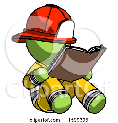 Green Firefighter Fireman Man Reading Book While Sitting down by Leo Blanchette