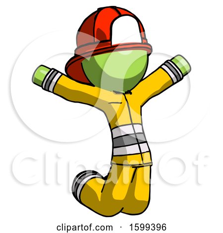 Green Firefighter Fireman Man Jumping or Kneeling with Gladness by Leo Blanchette