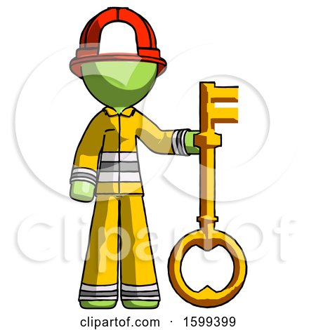 Green Firefighter Fireman Man Holding Key Made of Gold by Leo Blanchette