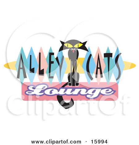 Slender Black Cat On An Alley Cats Lounge Sign Clipart Illustration by Andy Nortnik