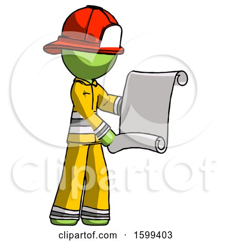 Green Firefighter Fireman Man Holding Blueprints or Scroll by Leo Blanchette