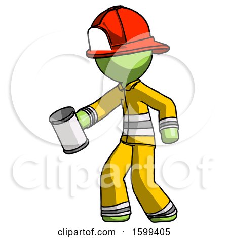 Green Firefighter Fireman Man Begger Holding Can Begging or Asking for Charity Facing Left by Leo Blanchette