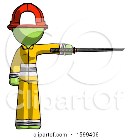Green Firefighter Fireman Man Standing with Ninja Sword Katana Pointing Right by Leo Blanchette