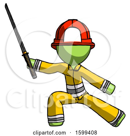 Green Firefighter Fireman Man with Ninja Sword Katana in Defense Pose by Leo Blanchette