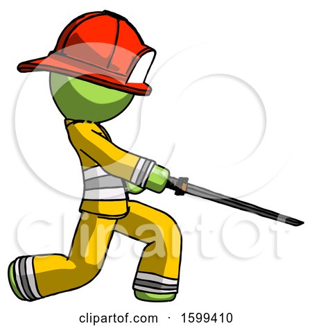 Green Firefighter Fireman Man with Ninja Sword Katana Slicing or Striking Something by Leo Blanchette