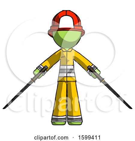Green Firefighter Fireman Man Posing with Two Ninja Sword Katanas by Leo Blanchette