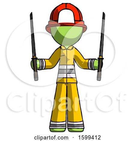 Green Firefighter Fireman Man Posing with Two Ninja Sword Katanas up by Leo Blanchette