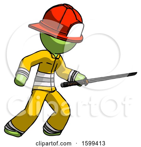 Green Firefighter Fireman Man Stabbing with Ninja Sword Katana by Leo Blanchette