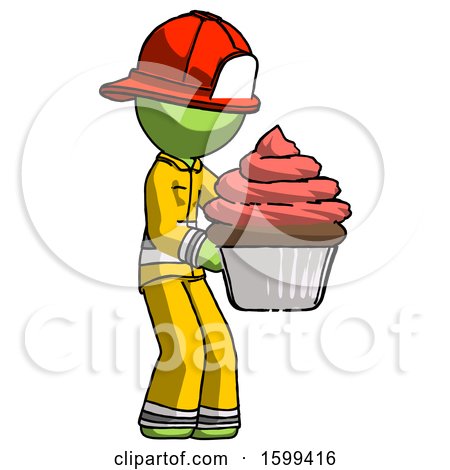 Green Firefighter Fireman Man Holding Large Cupcake Ready to Eat or Serve by Leo Blanchette