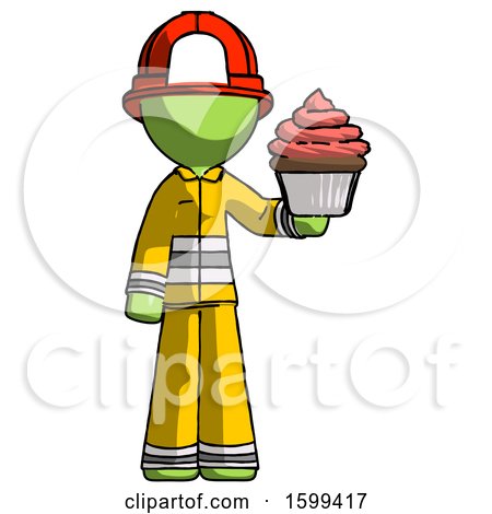 Green Firefighter Fireman Man Presenting Pink Cupcake to Viewer by Leo Blanchette