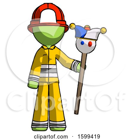 Green Firefighter Fireman Man Holding Jester Staff by Leo Blanchette