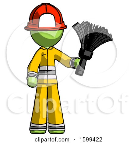 Green Firefighter Fireman Man Holding Feather Duster Facing Forward by Leo Blanchette