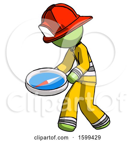 Green Firefighter Fireman Man Walking with Large Compass by Leo Blanchette
