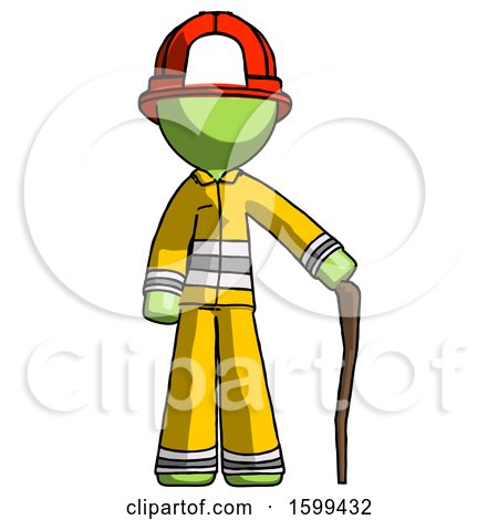 Green Firefighter Fireman Man Standing with Hiking Stick by Leo Blanchette