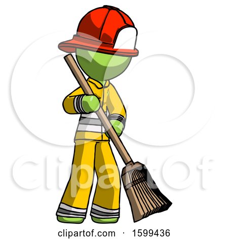 Green Firefighter Fireman Man Sweeping Area with Broom by Leo Blanchette