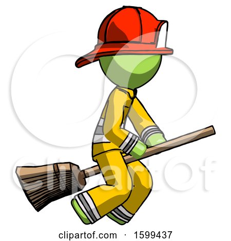 Green Firefighter Fireman Man Flying on Broom by Leo Blanchette