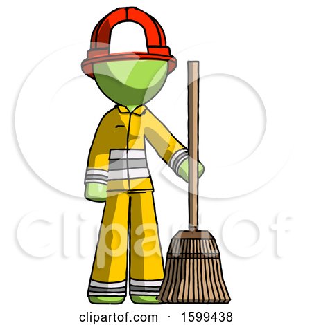 Green Firefighter Fireman Man Standing with Broom Cleaning Services by Leo Blanchette