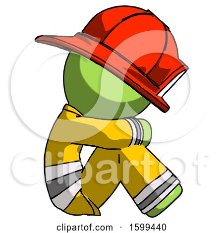Green Firefighter Fireman Man Sitting with Head down Facing Sideways Right by Leo Blanchette