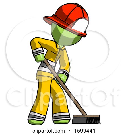 Green Firefighter Fireman Man Cleaning Services Janitor Sweeping Side View by Leo Blanchette