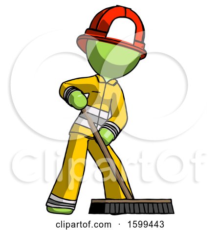 Green Firefighter Fireman Man Cleaning Services Janitor Sweeping Floor with Push Broom by Leo Blanchette