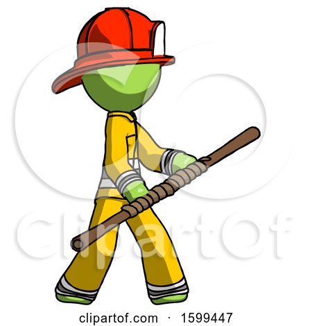Green Firefighter Fireman Man Holding Bo Staff in Sideways Defense Pose by Leo Blanchette